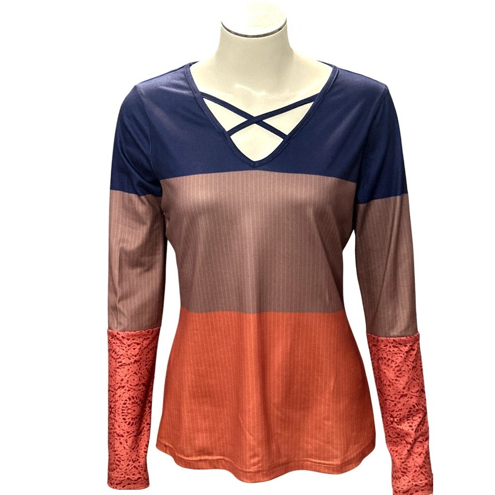 CCC Colorblock Long Sleeve Athletic Knit Top Soft Lightweight Stretch Sleeves Sm